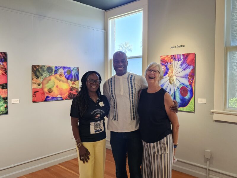 D’Andre Lampkin and Joyce Shelton standing together at her art exhibition opening reception at Chaffey Community Museum of Art