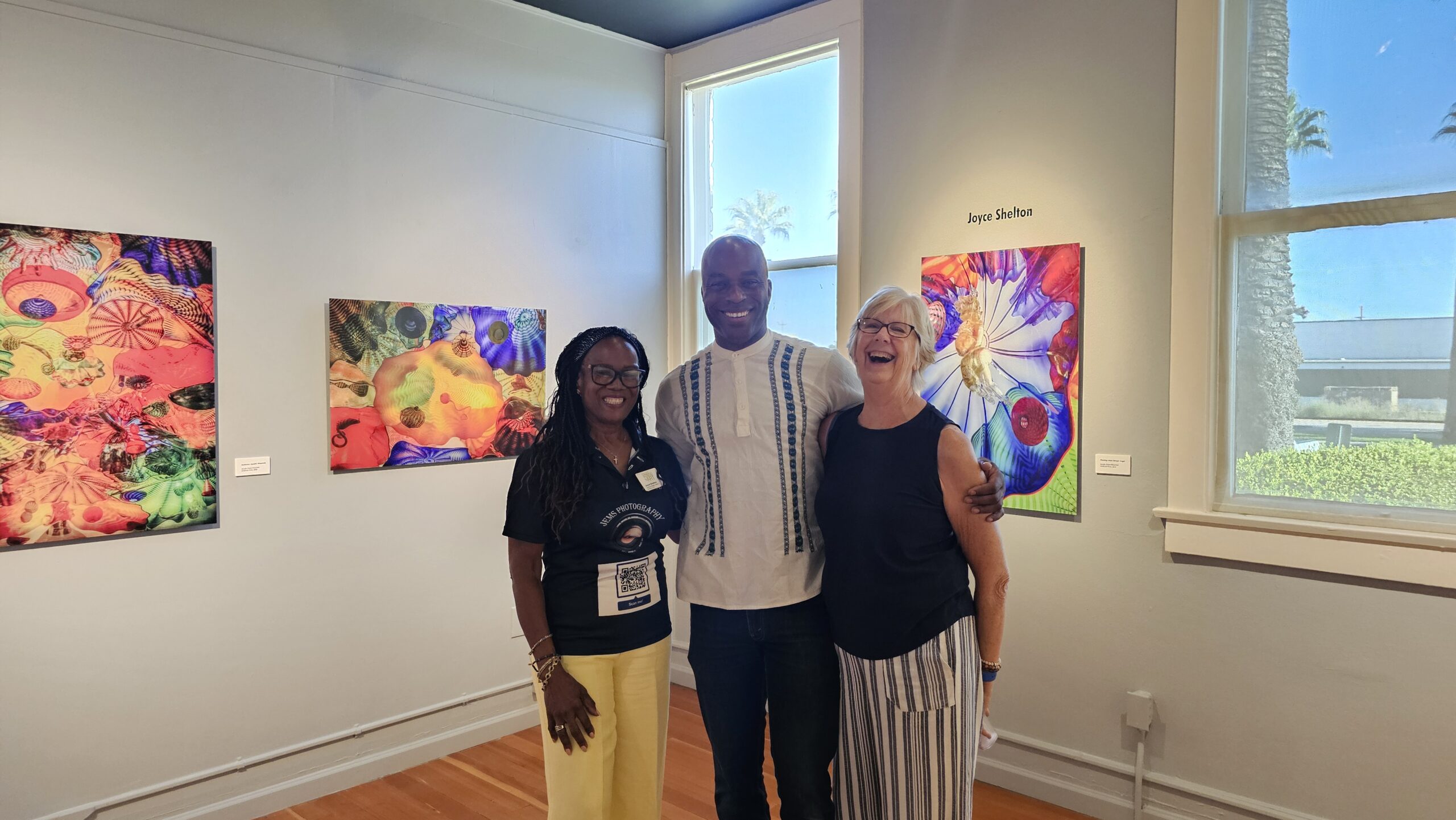 D’Andre Lampkin and Joyce Shelton standing together at her art exhibition opening reception at Chaffey Community Museum of Art