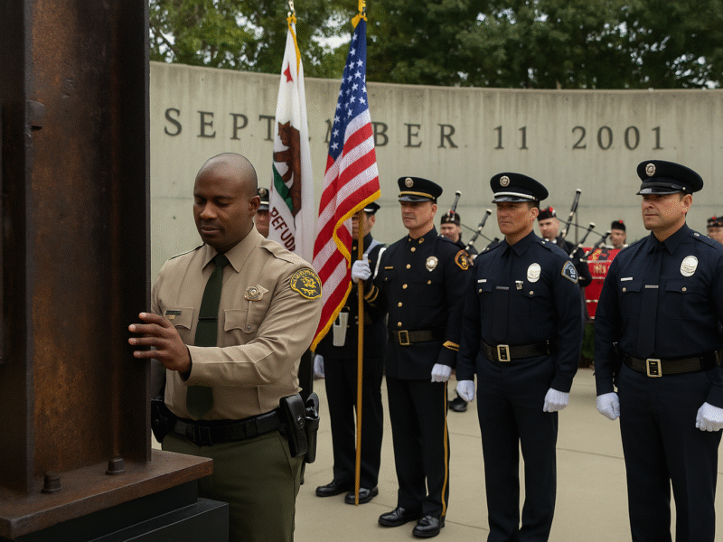 Deputy Sheriff touching World Trade Center steel at 9/11 memorial with honor guards in Los Angeles.