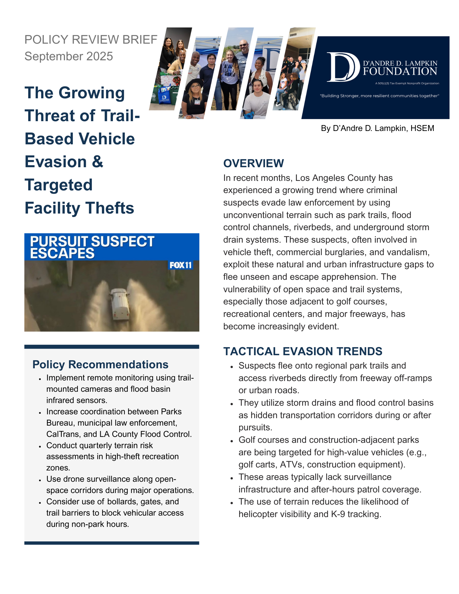 Cover page of the policy brief titled “The Growing Threat of Trail-Based Vehicle Evasion & Targeted Facility Thefts,” featuring blue-green civic design accents and the Lampkin Foundation logo.
