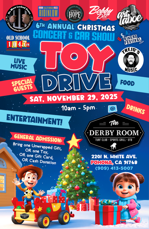 Classic cars and community gathering at the 6th Annual Christmas Concert & Car Show Toy Drive in Pomona, California.