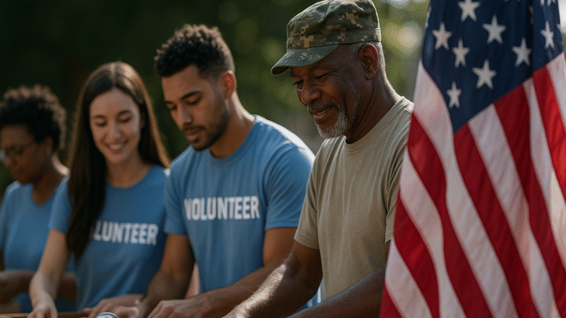Veteran and volunteers packing donations beside an American flag during a community service event.