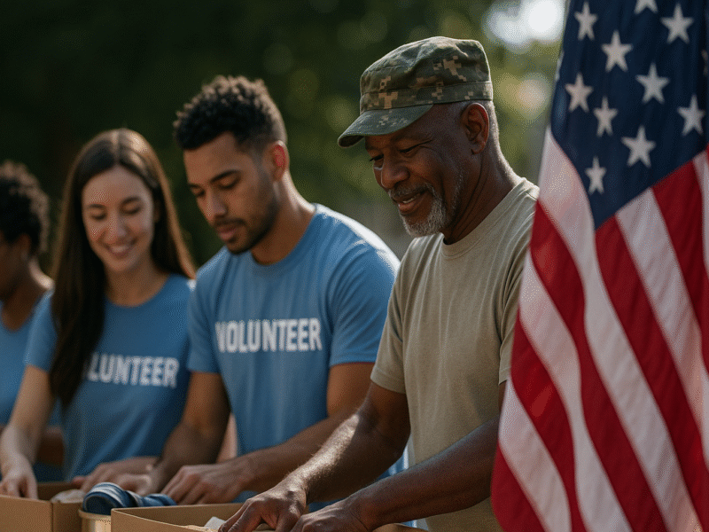 Veteran and volunteers packing donations beside an American flag during a community service event.
