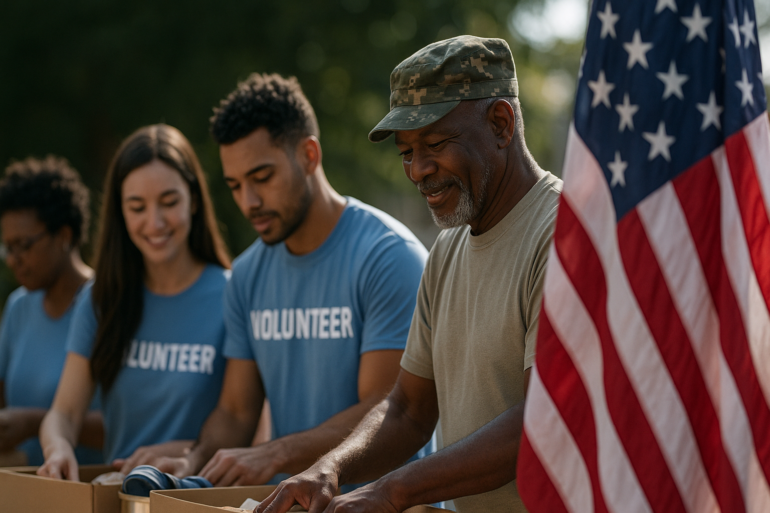 Veteran and volunteers packing donations beside an American flag during a community service event.