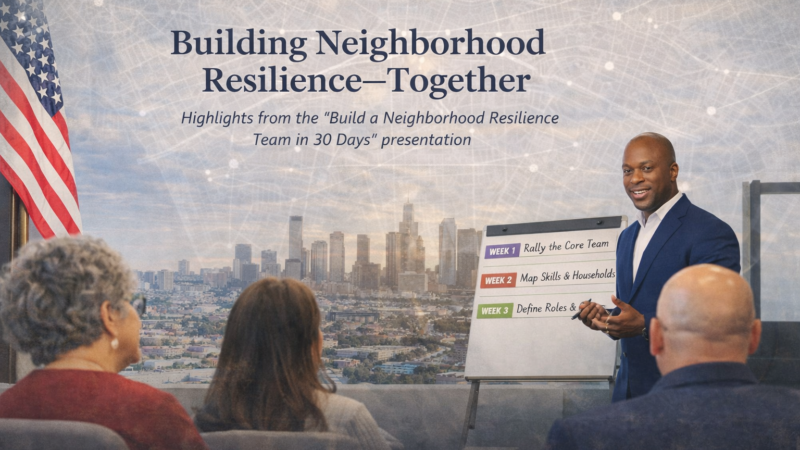 D'Andre Lampkin leading a neighborhood resilience discussion during an Emergency Network Los Angeles Lunch & Learn