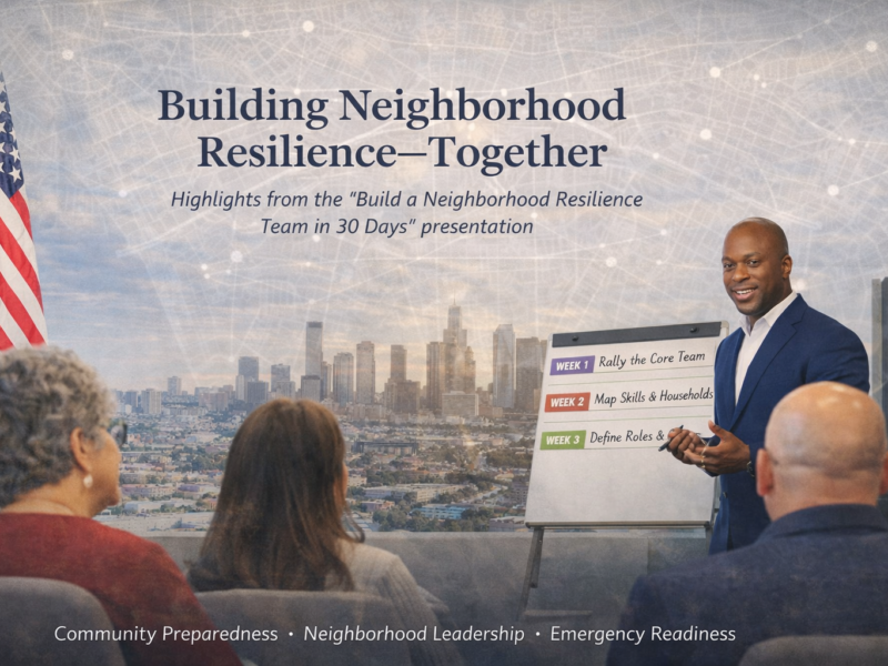 D'Andre Lampkin leading a neighborhood resilience discussion during an Emergency Network Los Angeles Lunch & Learn