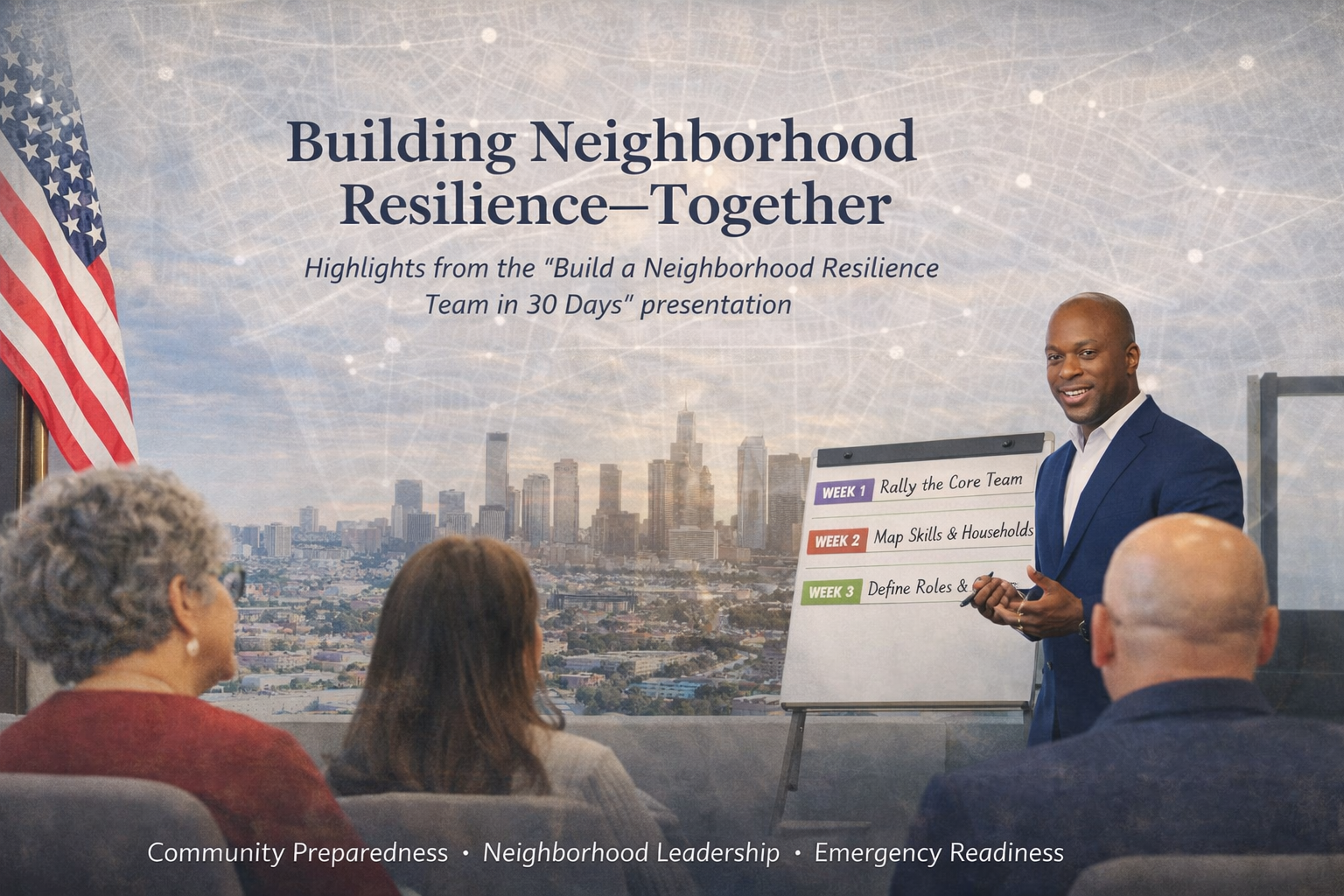 D'Andre Lampkin leading a neighborhood resilience discussion during an Emergency Network Los Angeles Lunch & Learn