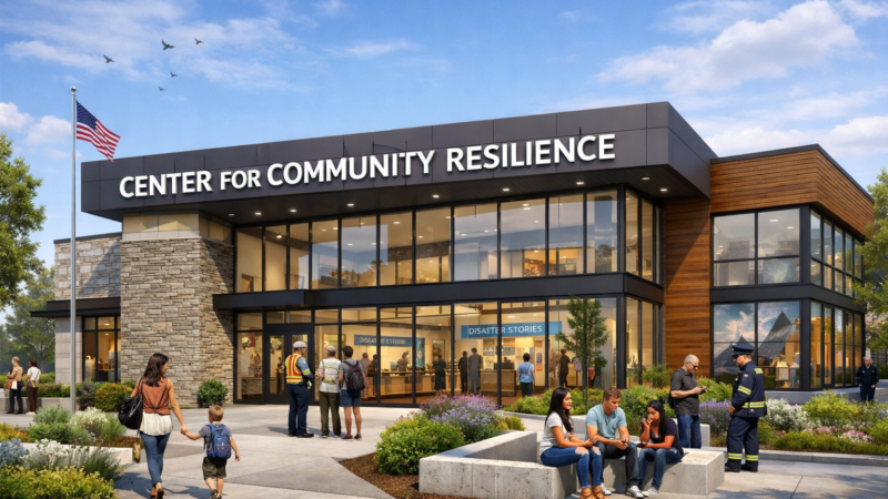 Architectural rendering of the Center for Community Resilience, a community hub for disaster preparedness, volunteer coordination, and youth leadership programs