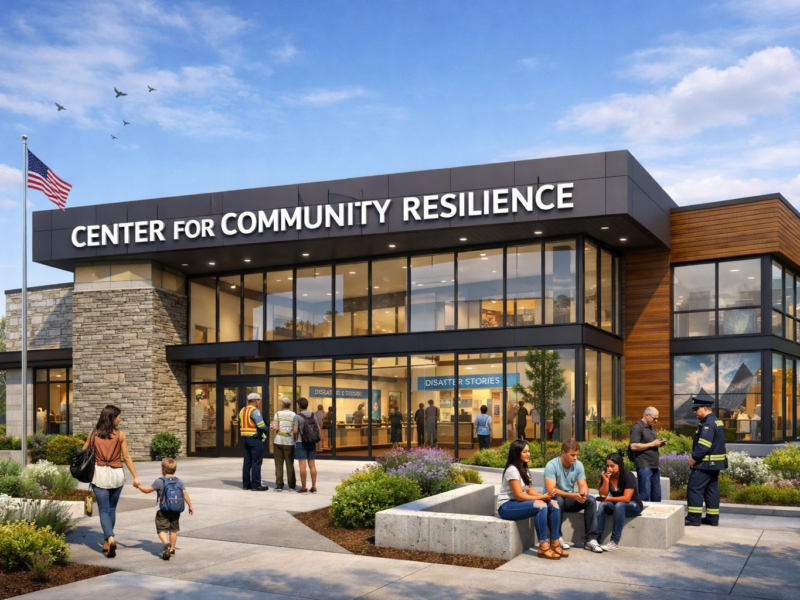 Architectural rendering of the Center for Community Resilience, a community hub for disaster preparedness, volunteer coordination, and youth leadership programs