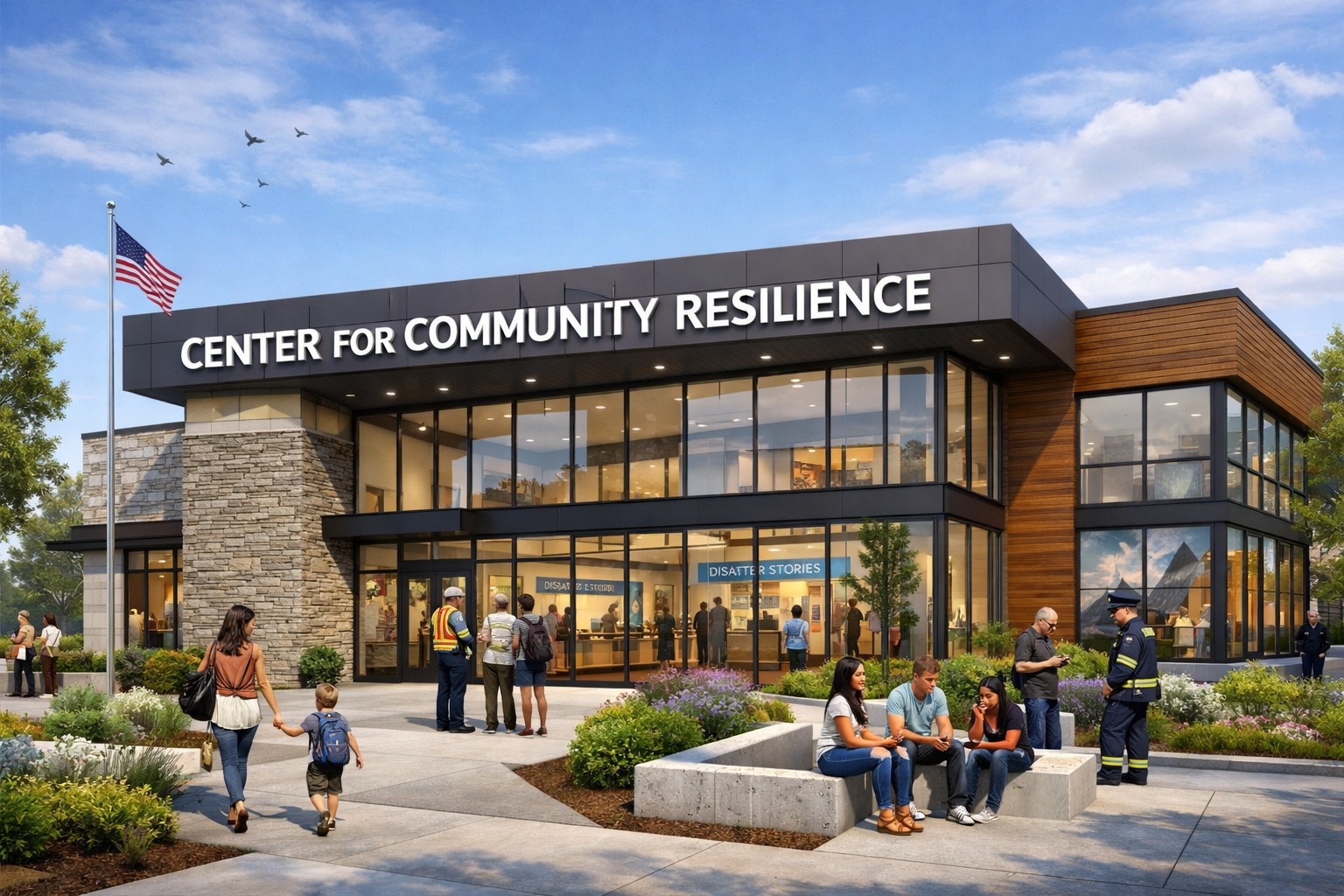 Architectural rendering of the Center for Community Resilience, a community hub for disaster preparedness, volunteer coordination, and youth leadership programs