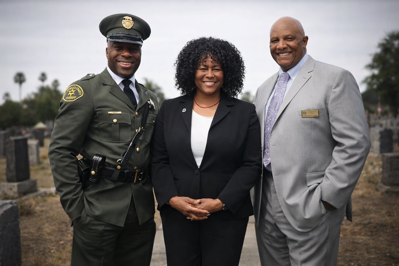 Deputy D’Andre Lampkin in Julius Boyd Loving replica uniform with Dr Chris Waters NOBLE and Robert Knight First AME Church at Los Angeles ceremony