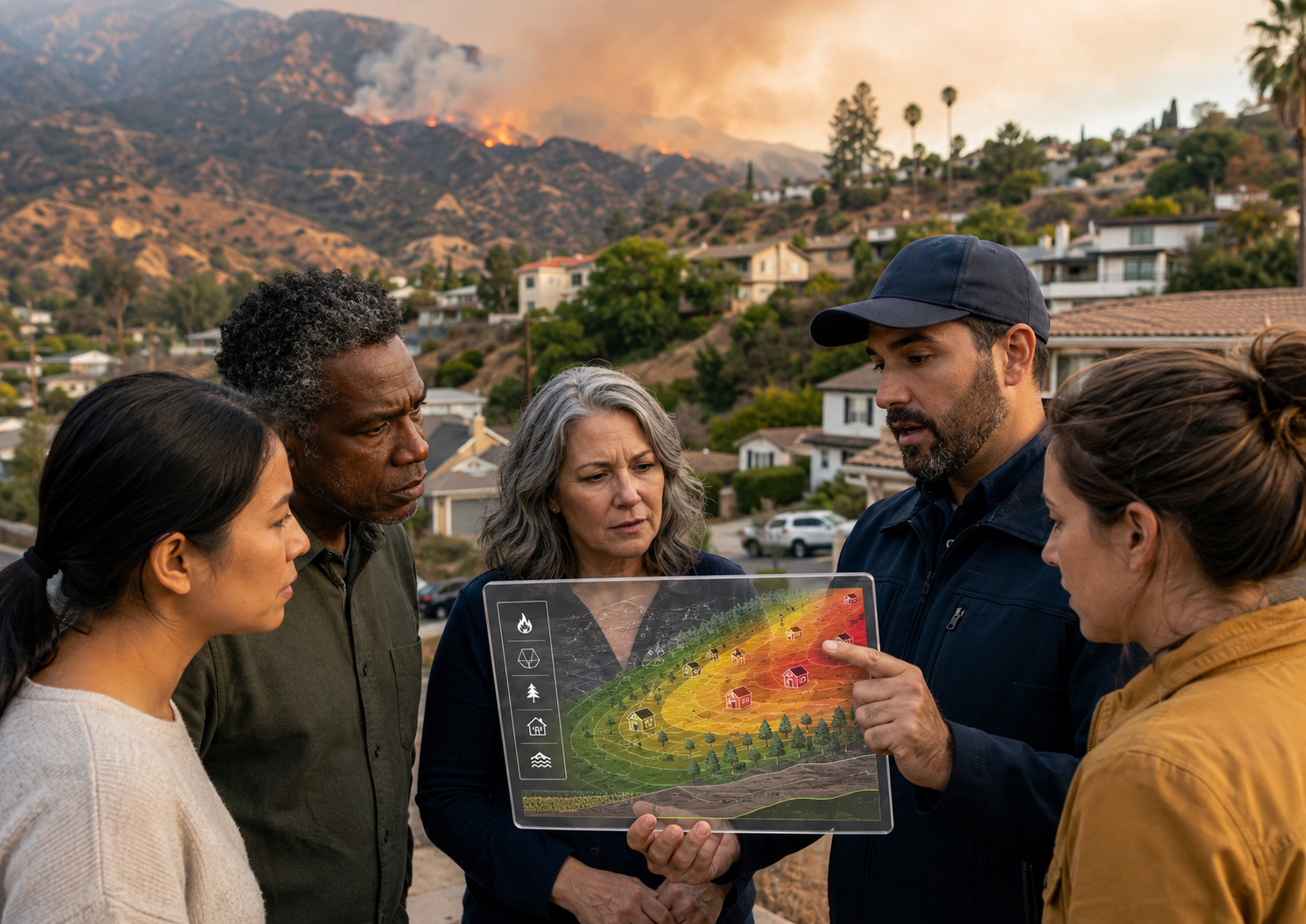 Residents review an explainable AI wildfire-risk map with an emergency management professional in a Los Angeles hillside neighborhood.