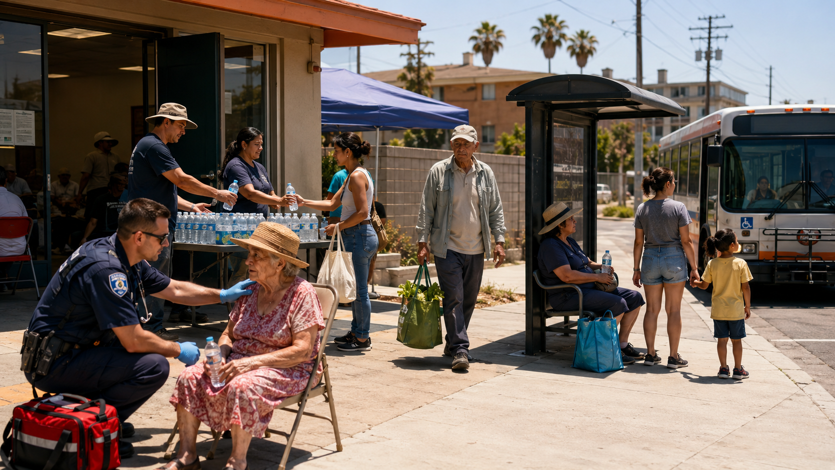 Community workers provide water, medical assistance, and transportation support to vulnerable residents during an extreme heat emergency.