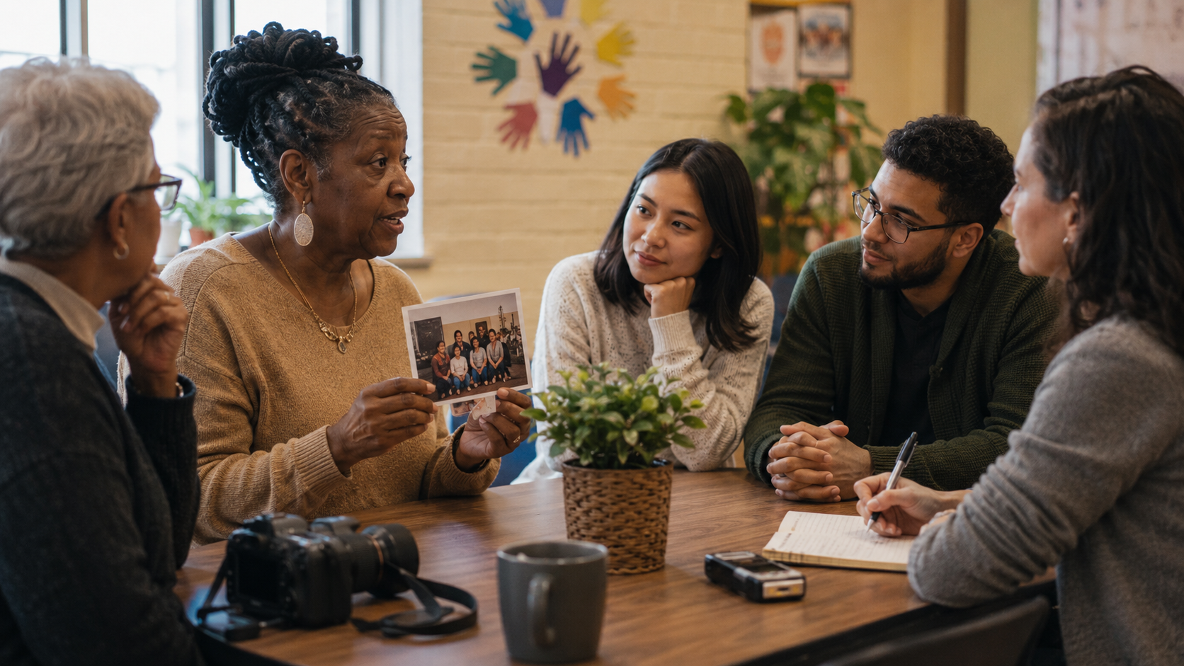 Diverse community members participating in an ethical nonprofit storytelling session centered on dignity, consent, context, and trust.
