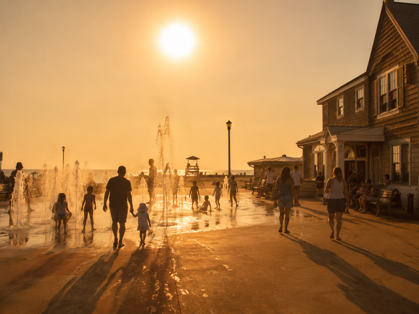 Families cool off at a seaside splash pad under hazy orange skies during an extreme heat event.