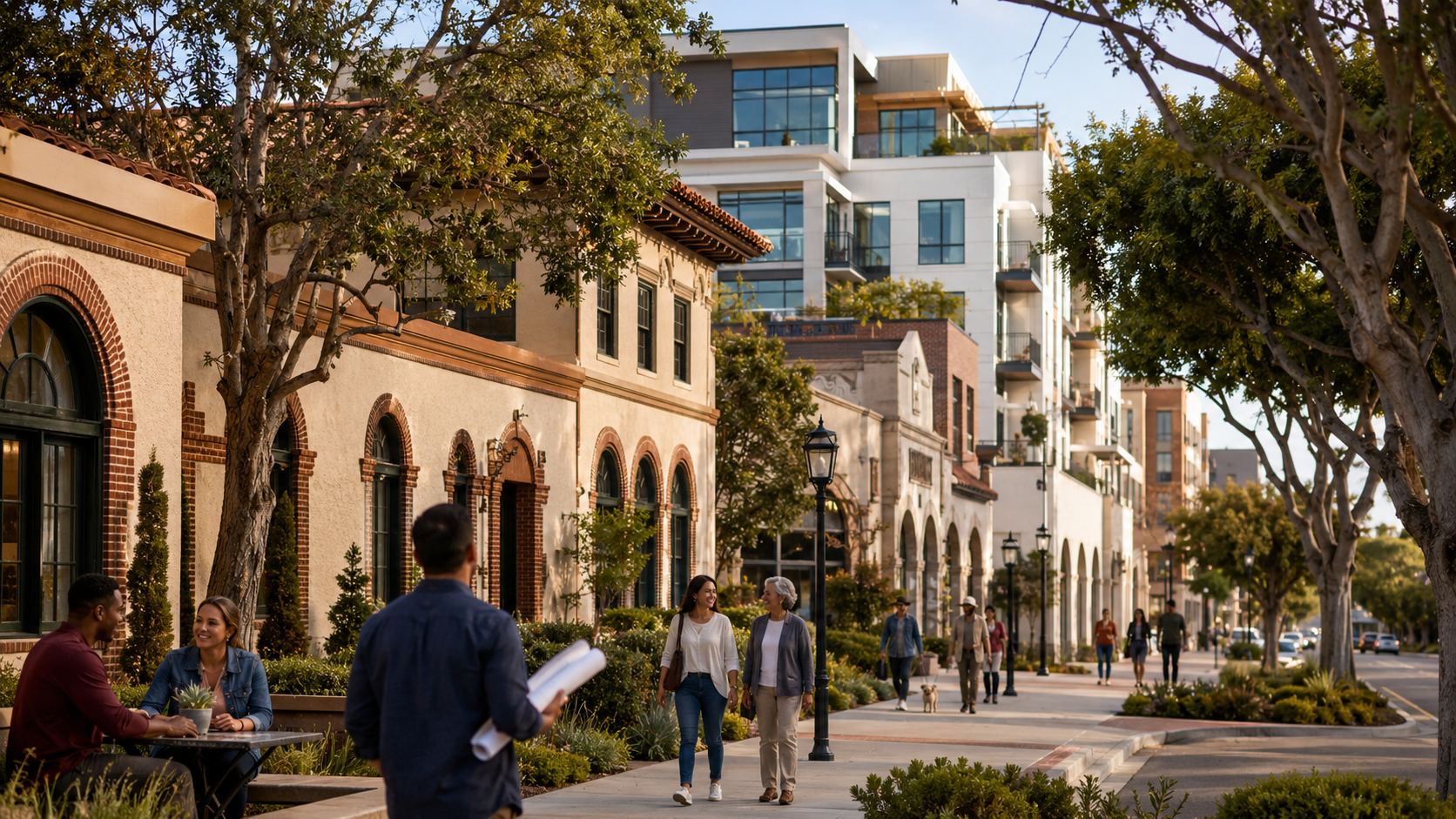 Historic neighborhood architecture alongside thoughtfully integrated modern development, illustrating historic preservation, community resilience, and responsible urban growth.