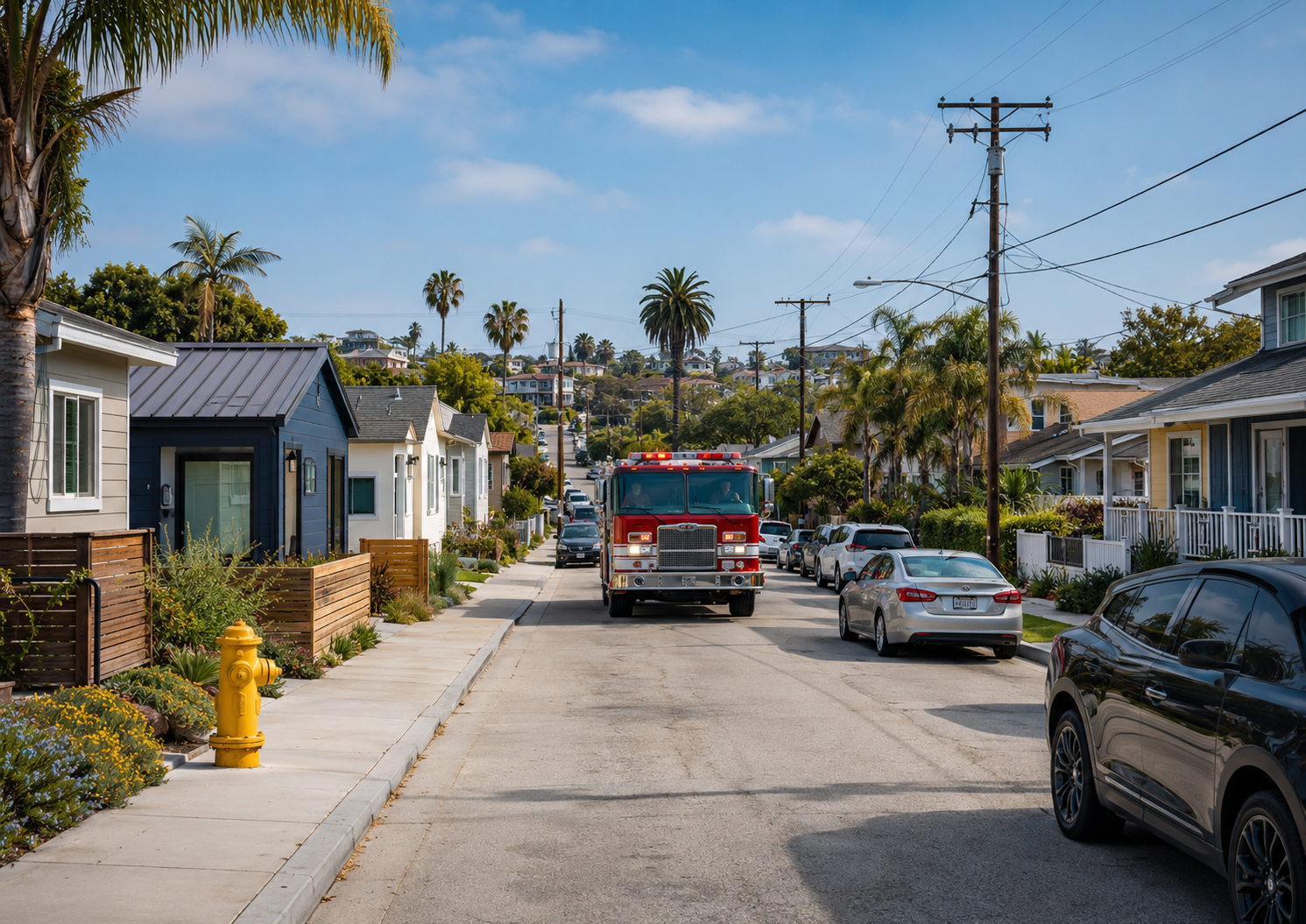 Fire engine traveling through a dense residential neighborhood with ADUs, parked vehicles, utility infrastructure, and limited street space, illustrating the relationship between housing density, emergency access, and community resilience.