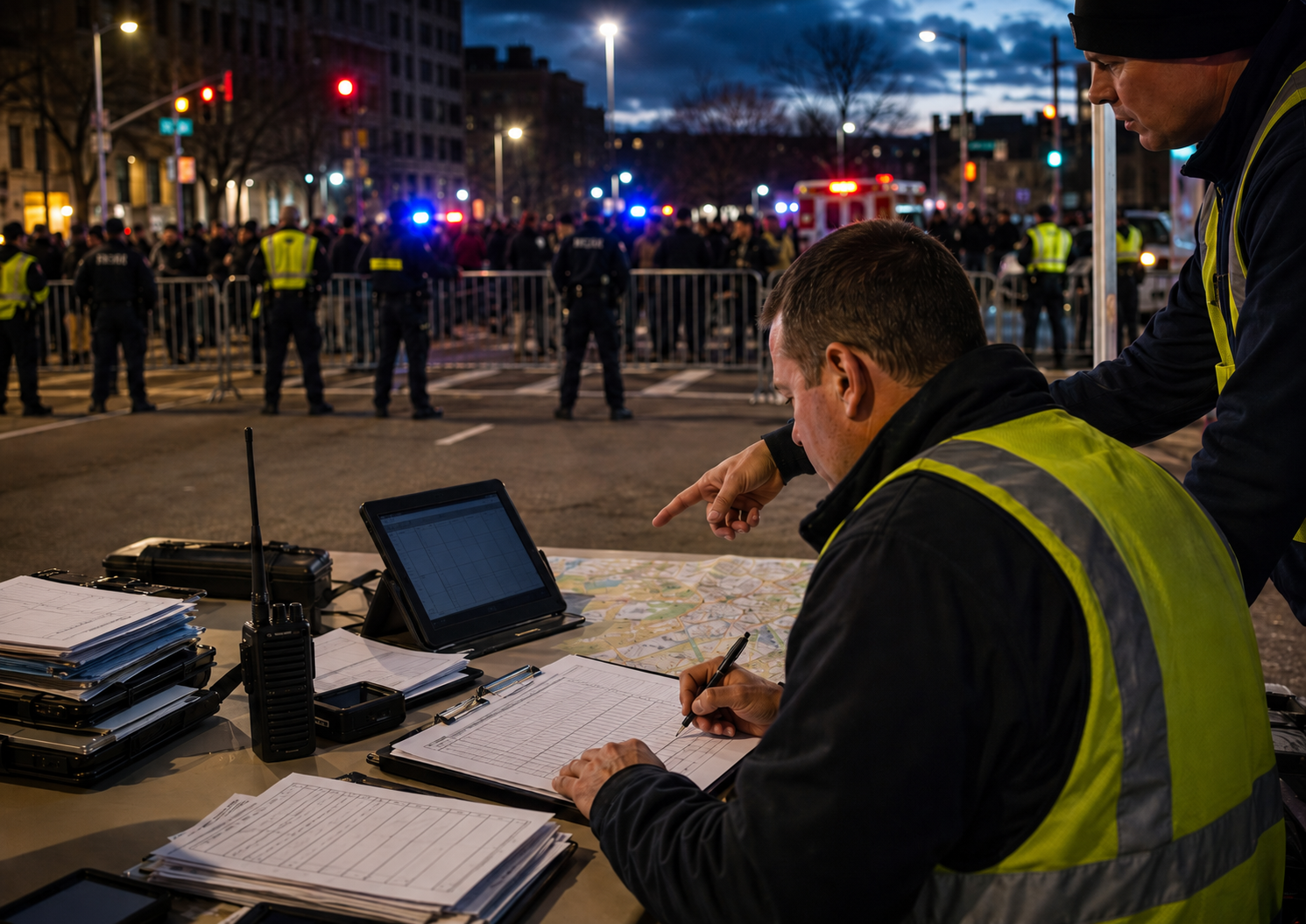 ICS-214 activity logs Emergency response personnel completing incident documentation at a field command post during a civil unrest deployment.