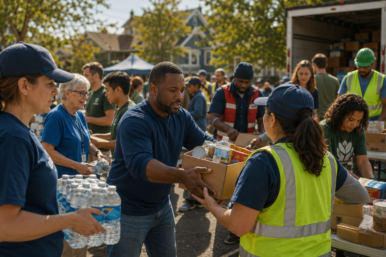Community volunteers and emergency partners distributing disaster relief supplies during a neighborhood response operation