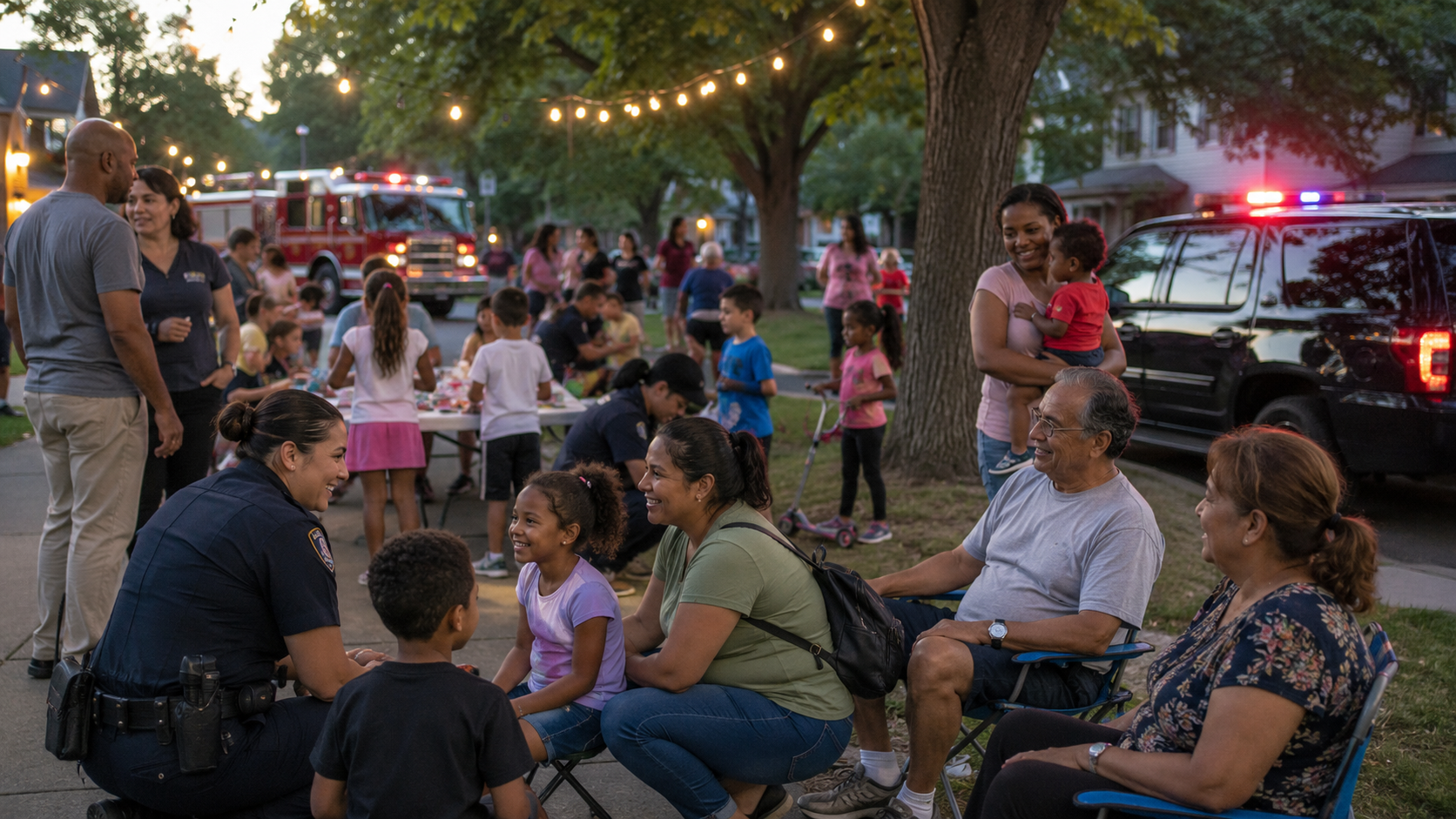 Families, neighbors, and public safety personnel gathering for National Night Out to build community trust and resilience