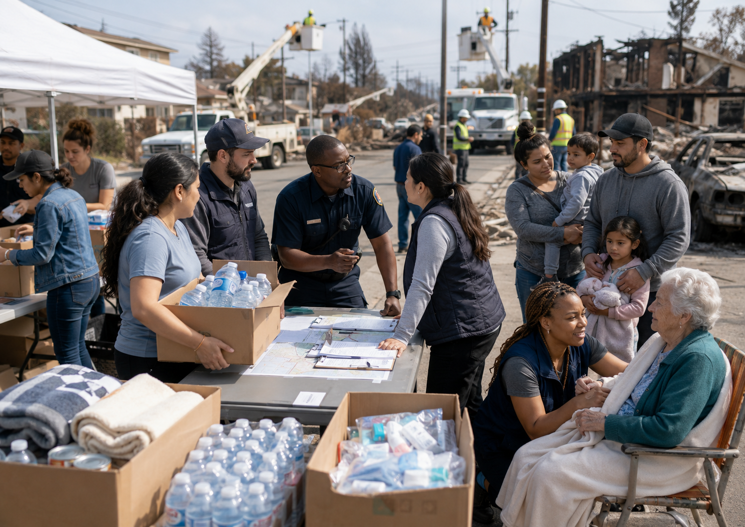 Nonprofit volunteers and emergency responders coordinate disaster relief, distribute supplies, and assist families and older adults in a damaged community.