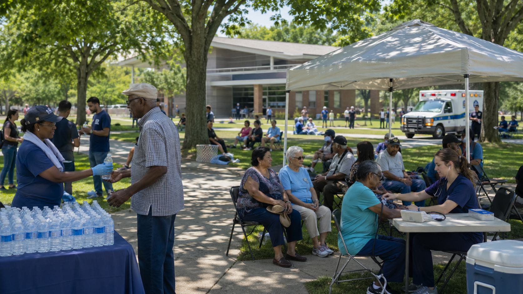 Community members receive water, shade, and wellness checks in a public park being used as a resilience hub during a crisis.