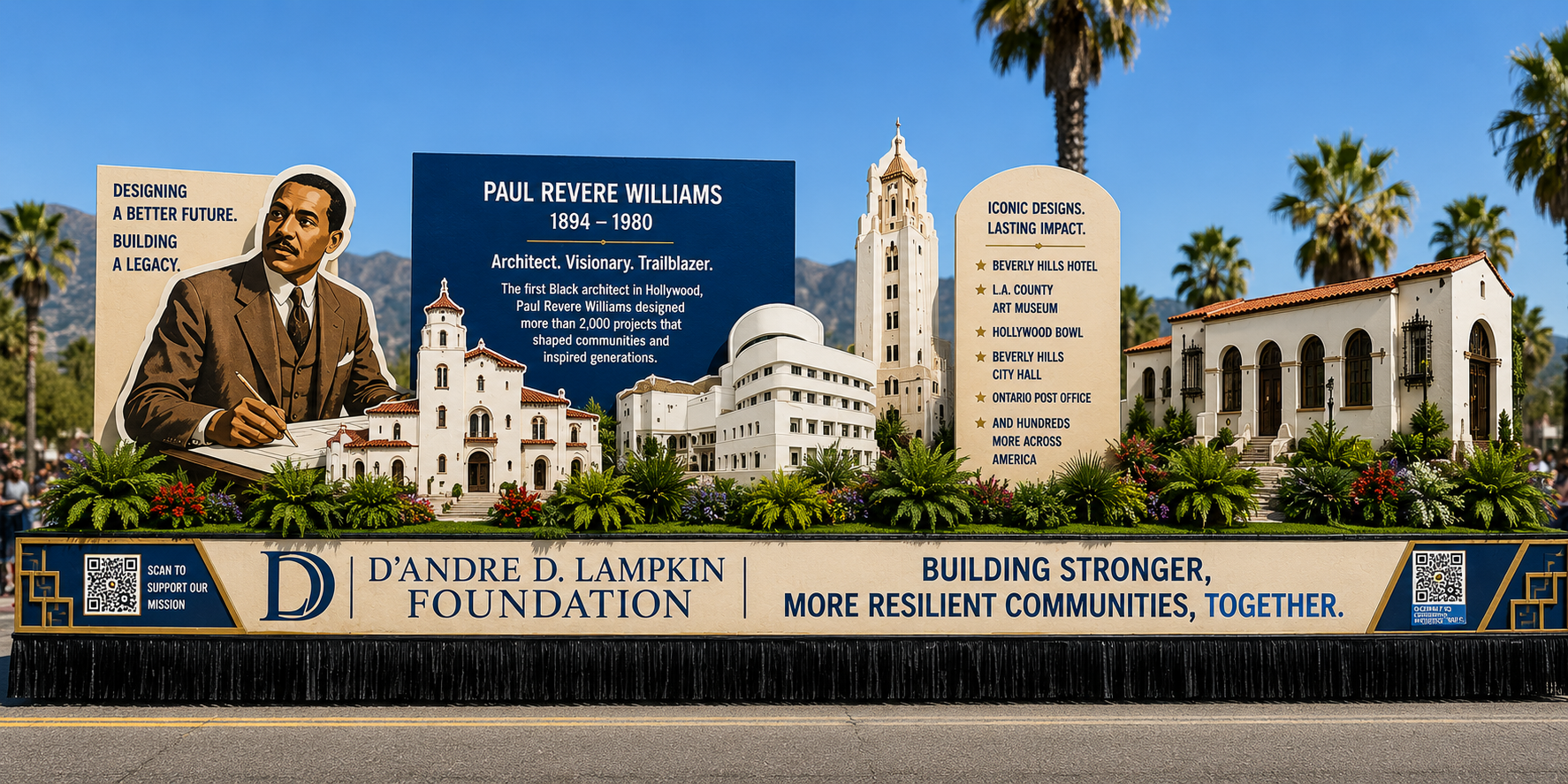 Concept rendering of the D'Andre D. Lampkin Foundation's 2026 City of Ontario Independence Day Parade float honoring architect Paul Revere Williams and celebrating the 100th anniversary of the historic Ontario Post Office.