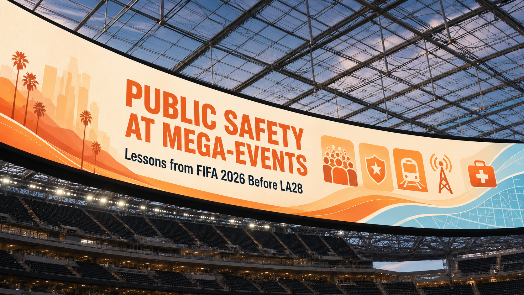 Stadium display highlighting public safety at mega-events, with icons for crowd management, transit, communications, and emergency response.