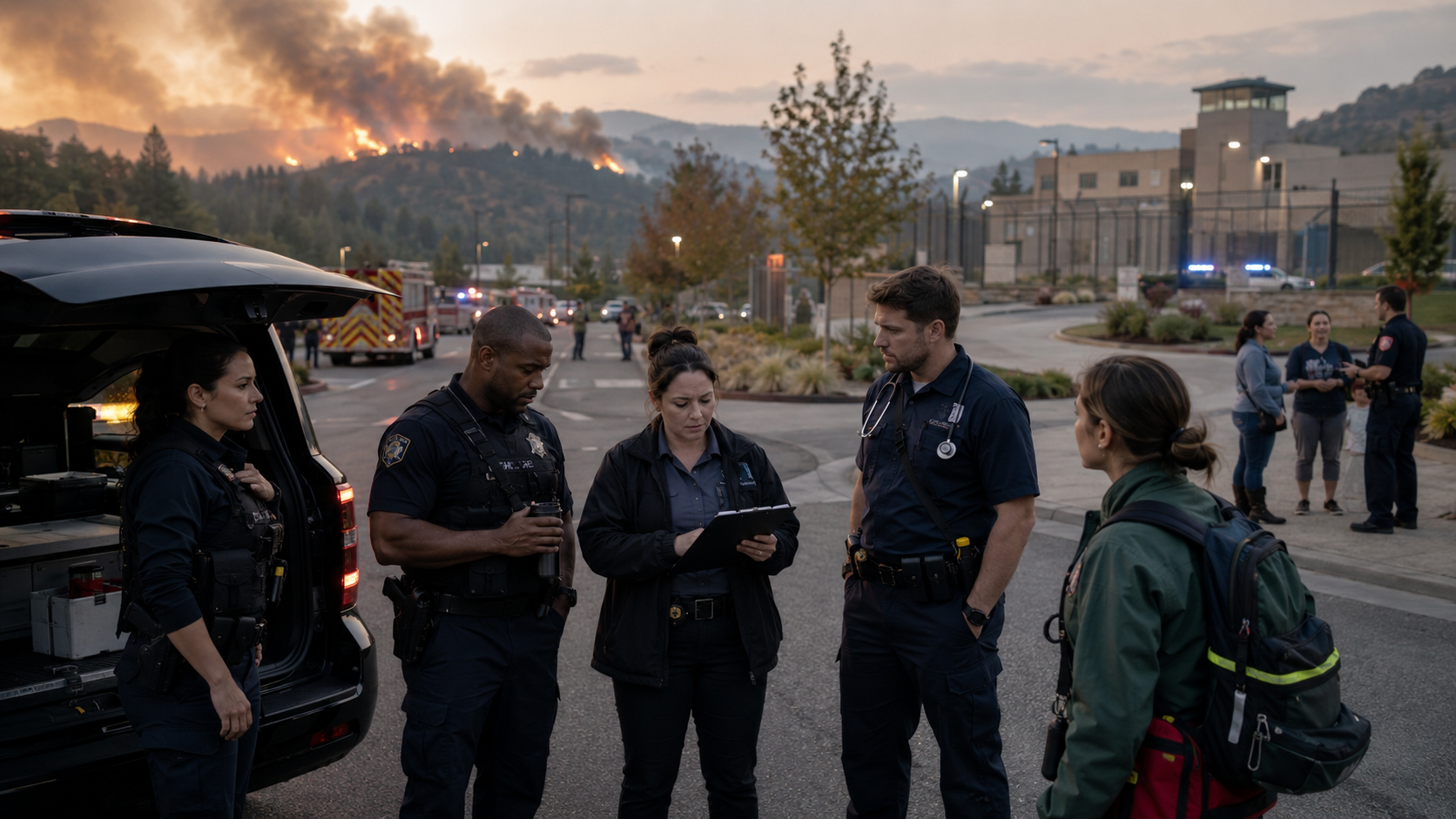Public safety personnel coordinating wildfire response near a correctional facility, illustrating how staffing shortages affect emergency operations, community safety, and local resilience.