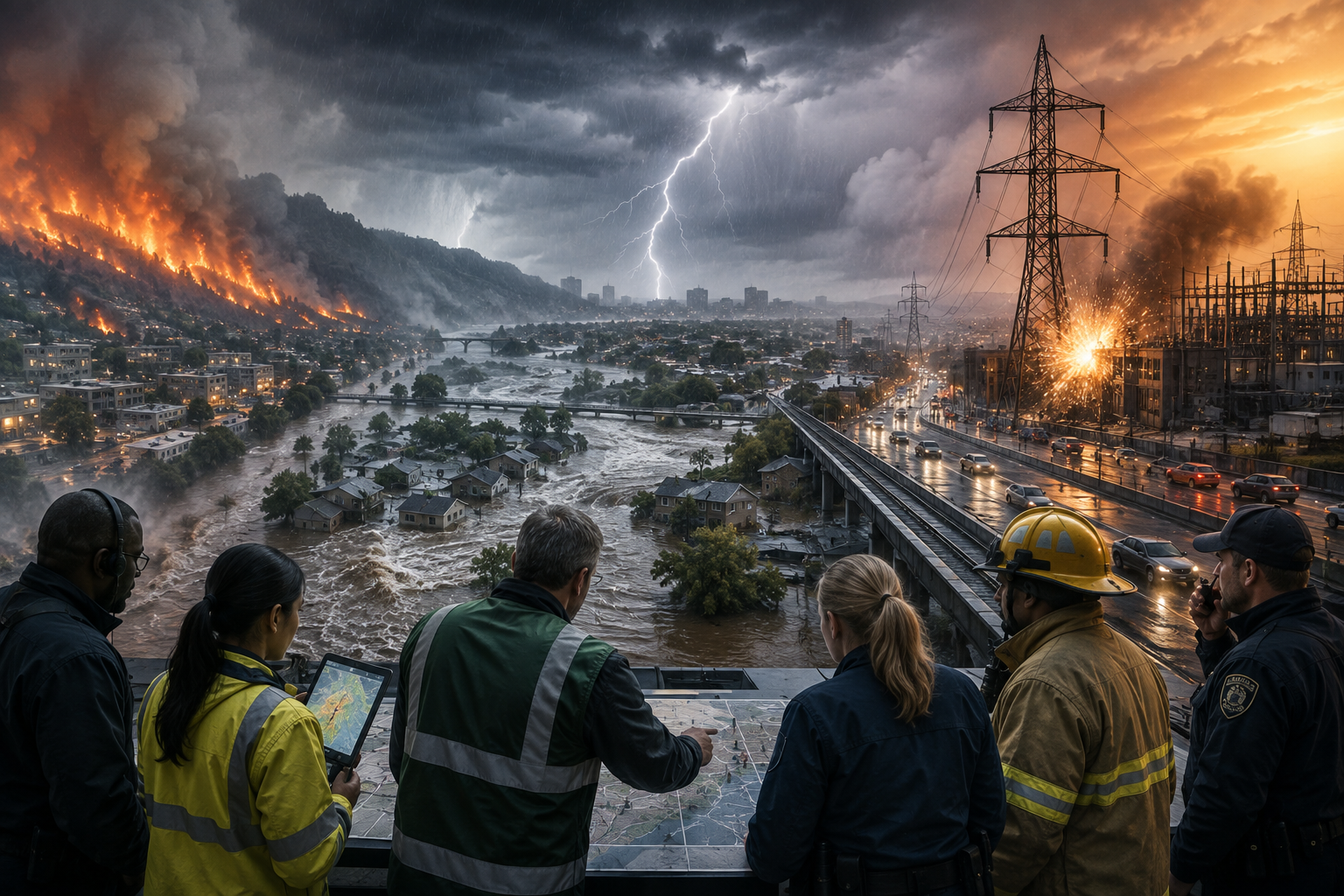 Emergency managers coordinate response as wildfire, flooding, severe storms, power outages, and transportation disruptions affect a community simultaneously.
