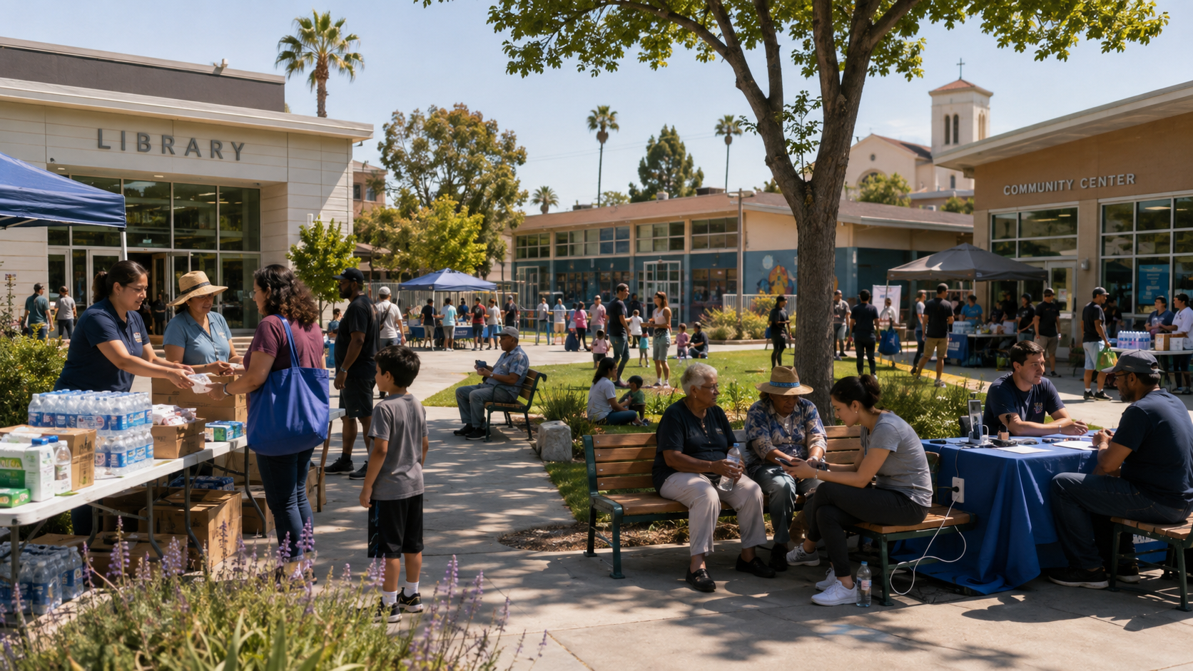 Community resilience hub with residents using parks, public facilities, community services, food distribution, cooling, and information resources.