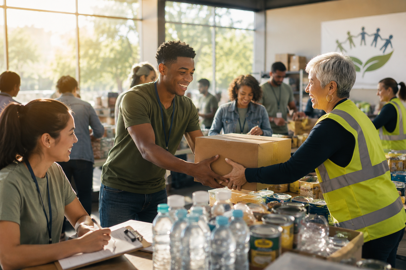 Community volunteers organizing disaster preparedness supplies to strengthen local resilience before emergencies